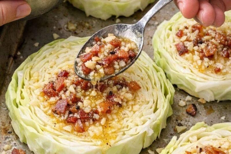 Roasted Bacon Garlic Butter Cabbage Steaks